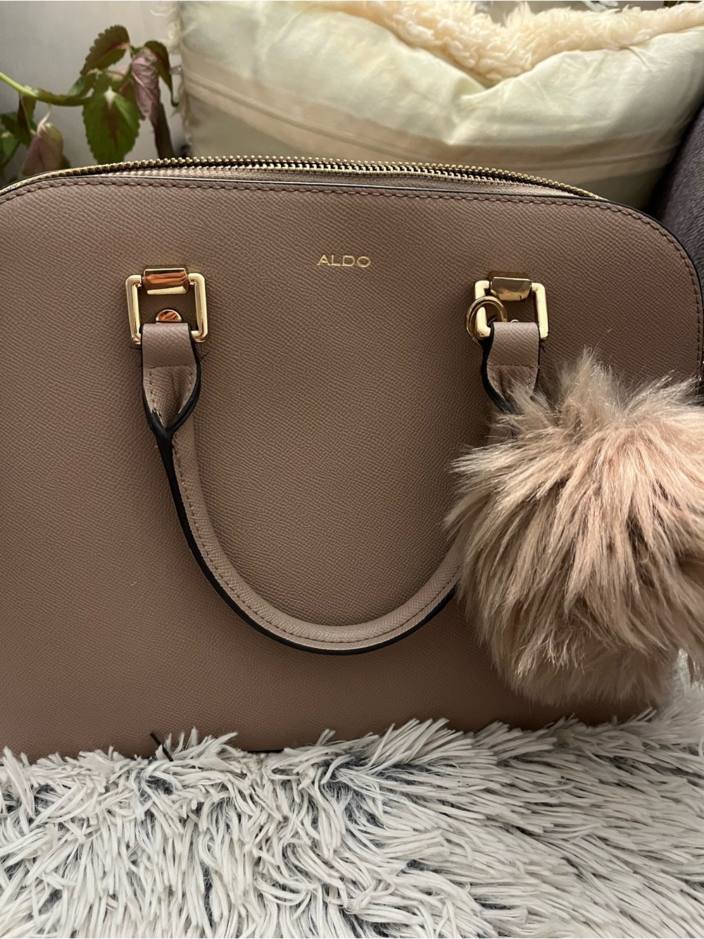 NWT ALDO Taupe Dome Satchel Handbag with Crossbody Strap & Pom Pom Charm